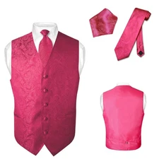 Men's Dress VEST NeckTie for Suit HOT PINK Color PAISLEY Design Tie Hanky Set