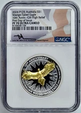 2024 P125 $1 Australia Wedge Tailed Eagle Gilt High Relief PF70 Mercanti FDOI
