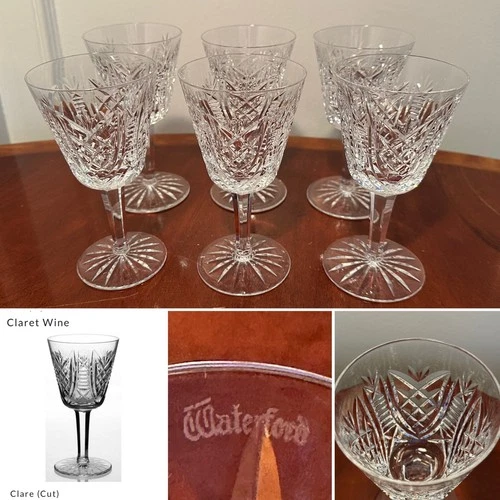 Vintage Set of 6 Vtg WATERFORD CRYSTAL Clare 5-7/8” Wine Goblets/Claret Glasses