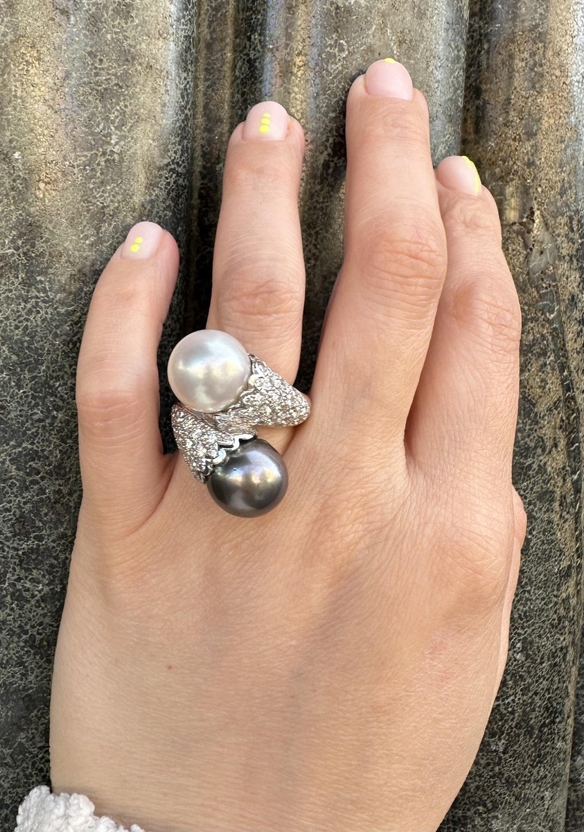 18k White Gold Large White & Tahitian Pearl w/ 2.04ctw Diamond