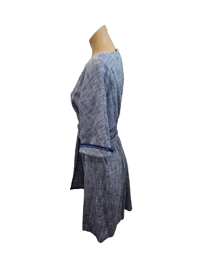 LANVIN Blue and White Tweed Dress with Belt & Blue Fringe on