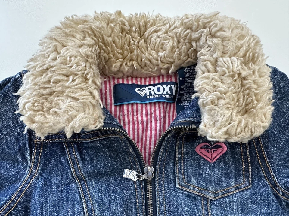 复古女孩 ROXY Shaggy 人造毛皮衬里领拉链牛仔牛仔夹克 5 码 — 第 2/4 张图片