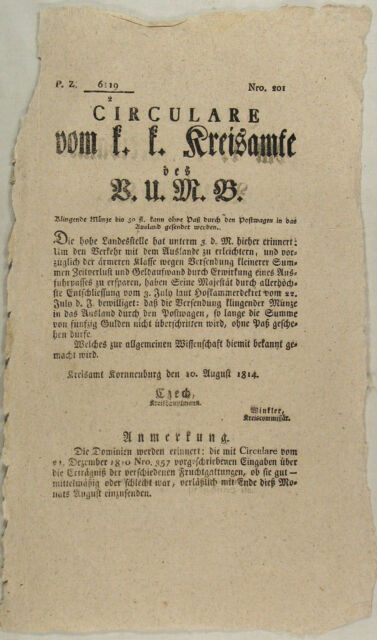 BANK Handel Kaufmann GELD Gesetz Original Text 1814 ÖSTERREICH Post Kornneuburg