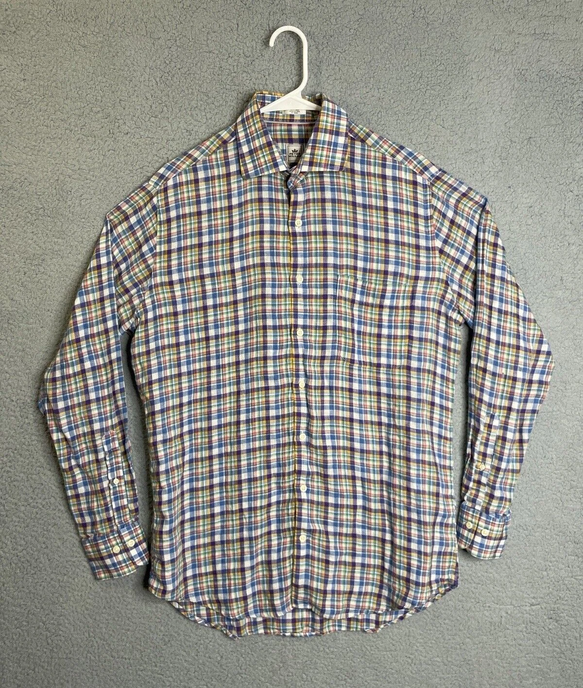 Peter Millar 100% Linen Shirt Button Up Cutaway Collar Long Sleeve Mens M Plaid