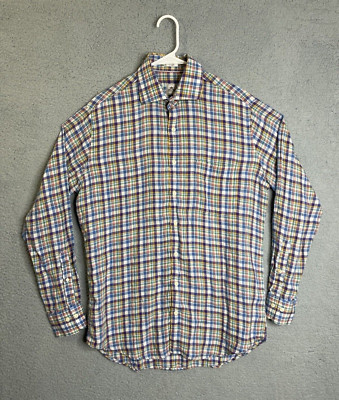 Peter Millar 100% Linen Shirt Button Up Cutaway Collar Long Sleeve Mens M Plaid