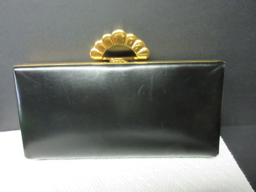 Vintage Evans 1940s Art Deco Clutch Black Brass Gold with Makeup Mirror