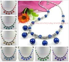 Lovely Colorful Natural Round Gemstone Beads Pendant & Tibet Silver Necklace 18"