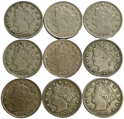 (9) 1883-1912 UNITED STATES LIBERTY V NICKEL DIFFERENT DATES LOT EXTREMELY FINE