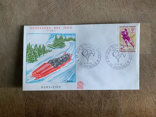 FRANCE 1968 FDC WINTER OLYMPIC GAMES GRENOBLE ICE HOCKEY FEBRUARY BOBSLEIGH
