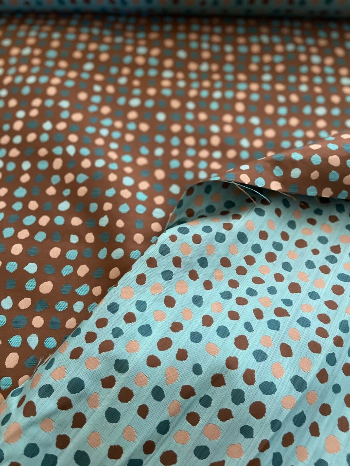 REVERSIBLE Blue, Brown and Tan Woven Polka Dot Polyester Fabric BY THE YARD - Image 2 of 4