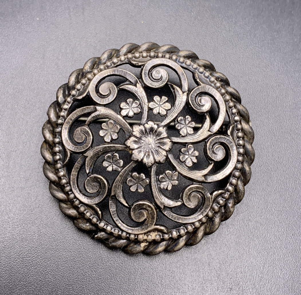 Silver Tone Floral Brooch Pin Trombone Clasp Round Open Work