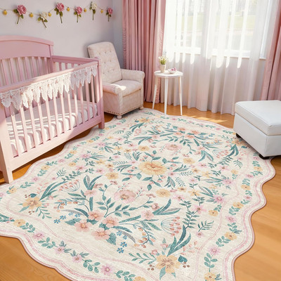Scalloped Pink Floral 6x9 Washable Rug - Soft Non-Slip Boho Carpet for Kids