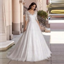 Elegant A-Line Wedding Dresses V-Neck Long Sleeves Lace Appliques Bridal Gowns