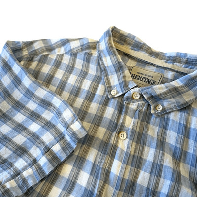 Heritage Report Collection Mens Blue White Plaid Linen Short Sleeve Shirt  XL
