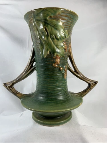 ROSEVILLE Pottery American Arts/Crafts BUSHBERRY Double Twig Handled VASE #34-8"