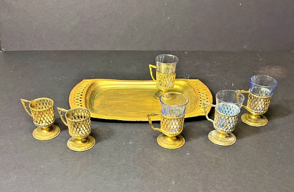 ACEPTABLE Juego de 6 vasos de chupito de café espresso con bandeja repintados brillo dorado con Foto 2 de 4