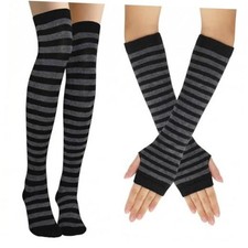 Women Socks Striped Knee High Socks Leg Arm Warmer Fingerless Gloves Set Gray