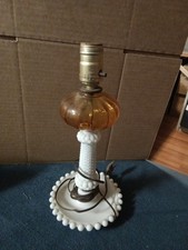 Vintage Boudoir Hobnail Milk  Amber Glass Small Bedside Table Lamp Base WORKS
