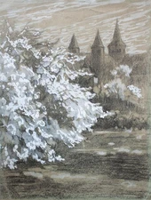 Josef Schmidt Church Park Signed Charcoal Drawing White Raised Circa 1910