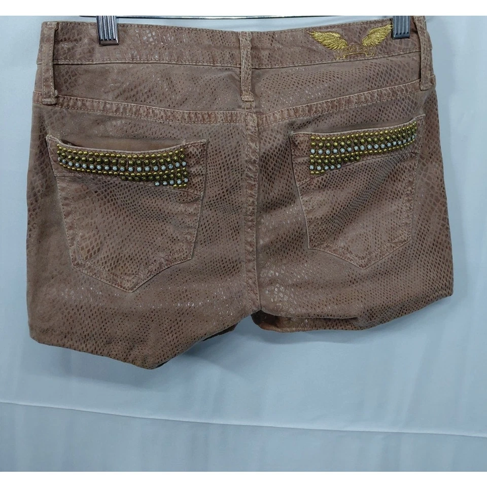 Pantalones Cortos Robin’s Jean Estampado Serpiente Tachonados Marrón Dorado Adornado | Talla 27 Foto 2 de 4