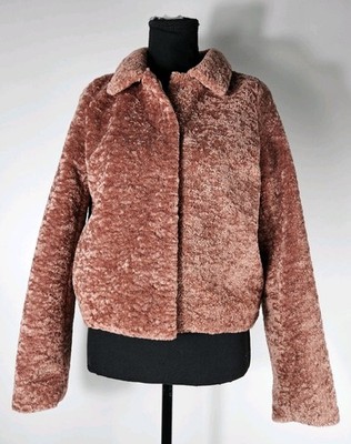 H&M Divided Womens Size XS Salmon Color Faux Fur Snap Front Coat Jacket Lined