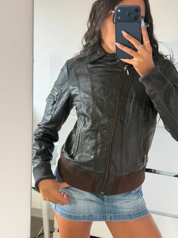 Vintage Y2K brown leather zip up bomber biker leather jacket