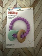 New Nuby Natural Baby Teether- Silicone Heart Ring- Wooden Circle Free Ship