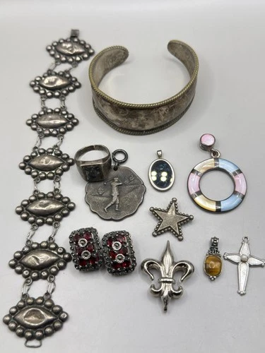 Antique Sterling Silver 925 Jewelry Lot Wearable Bracelet Pendant Ring Cuff 90g