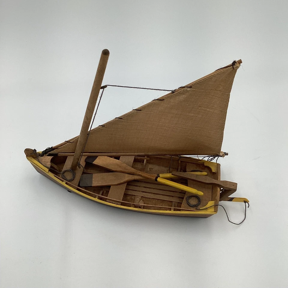 Vintage Wooden Sailboat Model with Oars Nautical Decor Display - Image 2 of 4