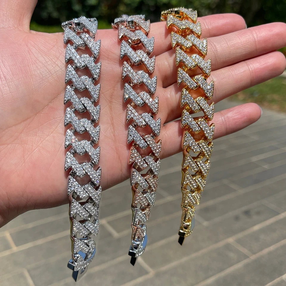 5AAA+ CZ Ice Out Hop Hip  Miami Cuban Link Bracelet 14k Real Gold Plated 7-9Inch - Image 3 of 4