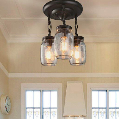 Farmhouse Chandelier Mason Jar Hanging Pendant Loft Light Ceiling Lamp 3-Light!