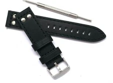 20mm 22mm Black Double Rivet Style Crazy horse Leather Men Watch Strap With Tool