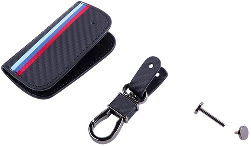 Carbon Fiber M-Colored Stripe Pattern Key Fob Holder Leather Key Cover for BMW - Picture 21 of 22