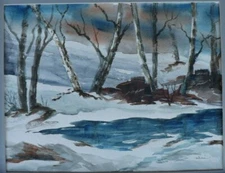 Winter Sunset Landscape w/ Birches by Streambank, by Alm, watercolor, original