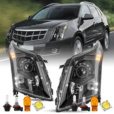 For 2010-2016 Cadillac SRX Halogen Headlights Black lamps Assembly LH+RH w/Bulbs