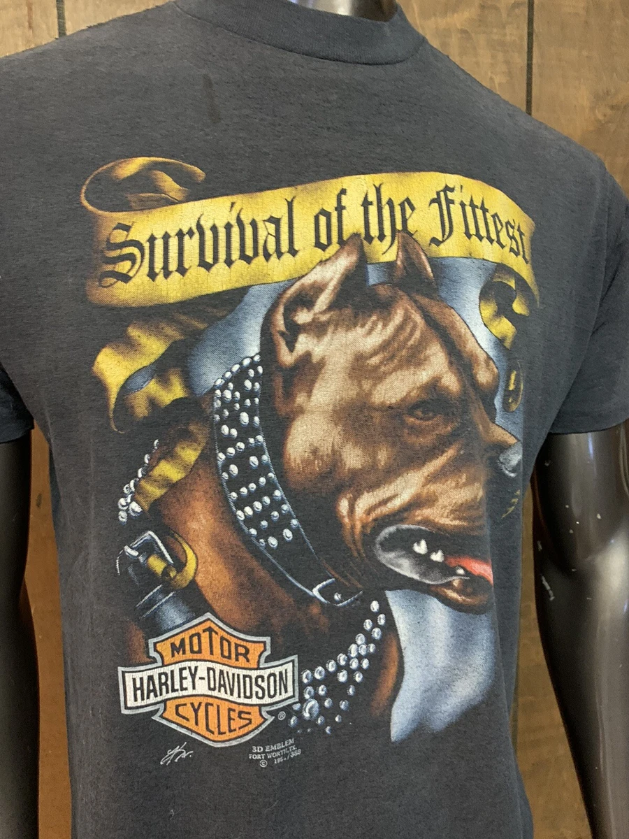 VTG 1991 3D Emblem Harley Davidson Survival Of The Fittest Pitbull T-Shirt Sz XL