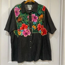 Quacker Factory ladies black  100% cotton  embroidered outline flowers shirt 1X