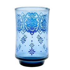 VTG Moroccan Style Blue Floral Tea Glass Tumbler 3.5in Single Beldi Boho Printed