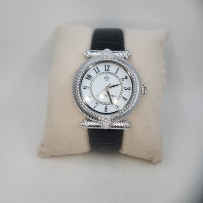 Judith Ripka Silvertone Stainless Steel Parisian Black Leather Strap Watch