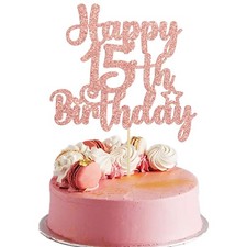 Gyufise 1Pc Happy 15th Birthday Cake Topper Glitter 15  Fabulous Cheers to 1