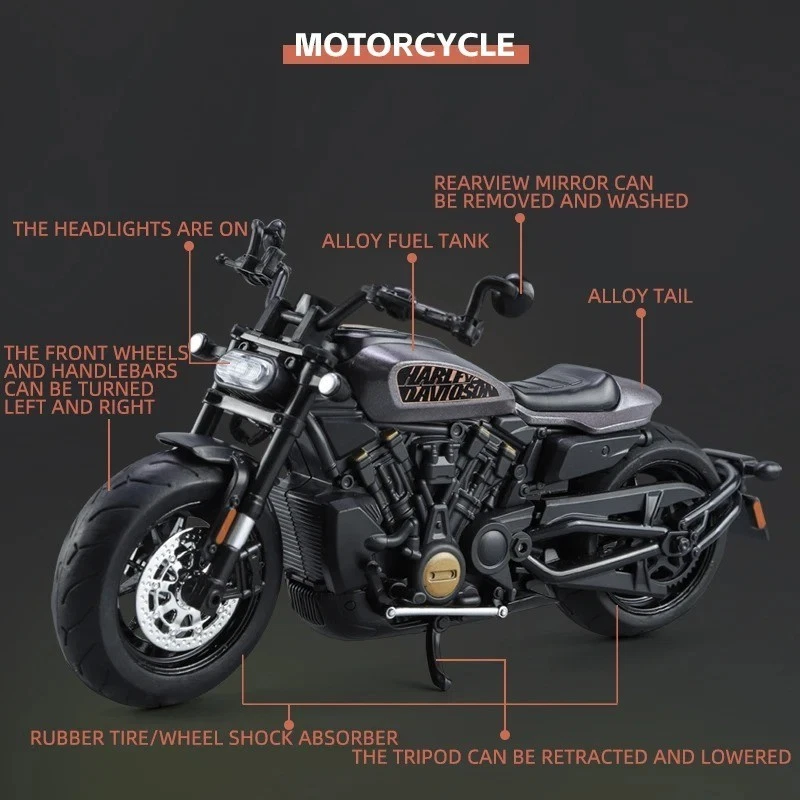 Motocicleta diecast Harley Davidson Sportster S 1:12 - negra, gris con luz de regalo Foto 4 de 4