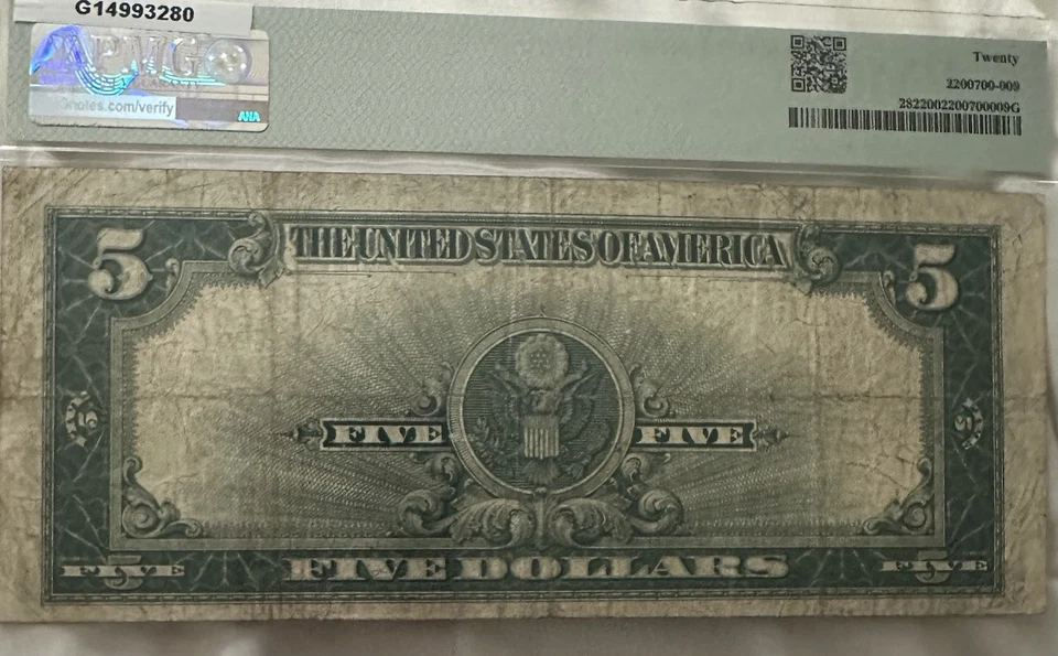 1923 $5 Silver Certificate Fr#282 PMG 20 VF Trinary Serial# Large Porthole Note - Image 2 of 3