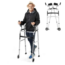 Folding Walker Adjustable Walking Frame Aluminum Walking Aid w/ Wheels Silver