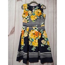 C&B Established 1962 Floral Stripe Fit Flare Dress Navy Yellow Size 6 Pockets