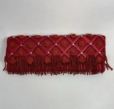 Suzy Smith Red Clutch Purse Evening Bag Fabric Rose Bead Embellished Vtg 10” R75 - Image 1 of 4