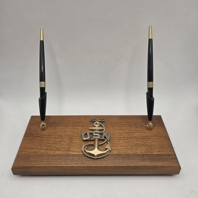 US Navy Master Chief Petty Officer 2 Pen Desktop Set Walnut Base Desk Ornament 