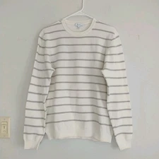 REISS Sweater Pullover Mens L/S*White Gray Stripe Samson Knit Waffle CottonBlend