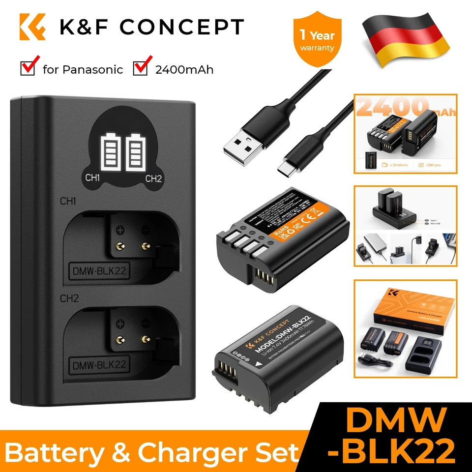 K&F CONCEPT DMW-BLK22 Ladegerät und Akku 2er Pack 2400mAh mit Panasonic  Lumix