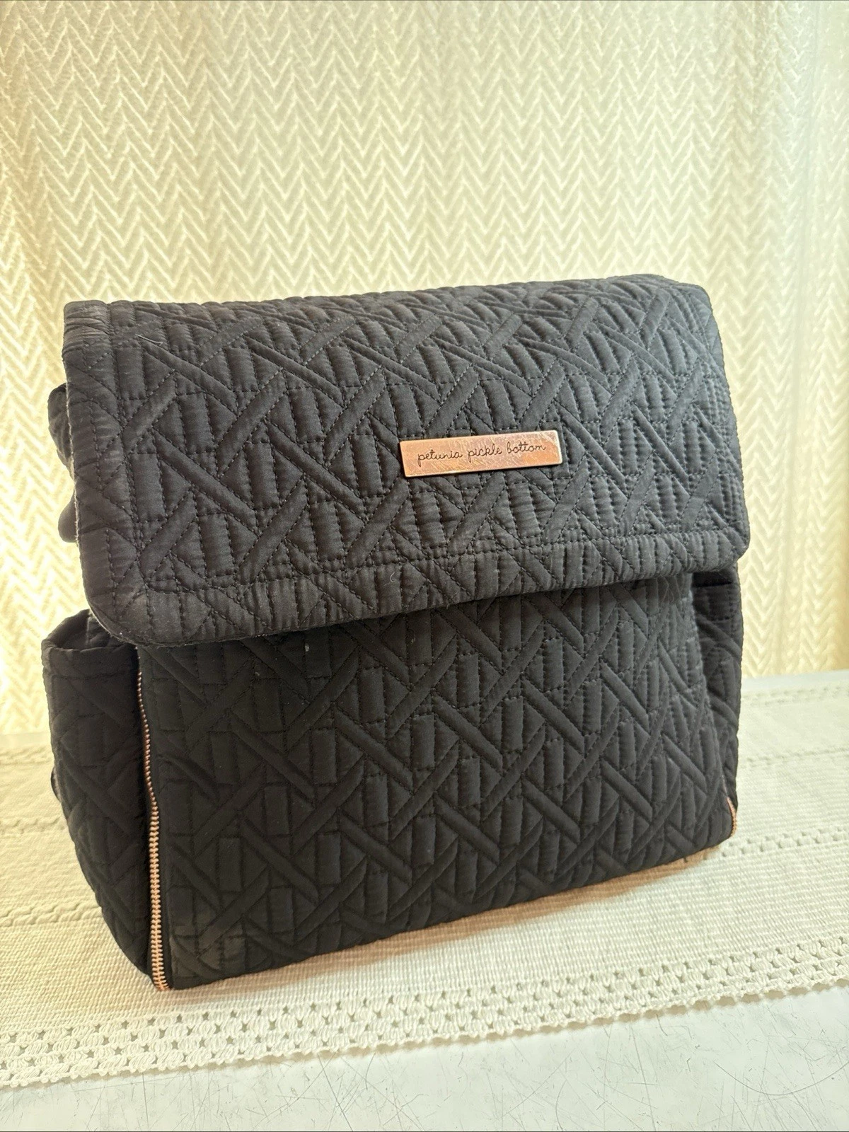 Petunia Pickle Bottom Embossed Black Diaper Bag RoseGold Backpack Many Pockets