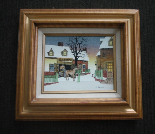 signed H Hargrove Framed Serigraph Painting BLACKSMITH Winter Scene 8 x 10 - Afbeelding 1 van 4